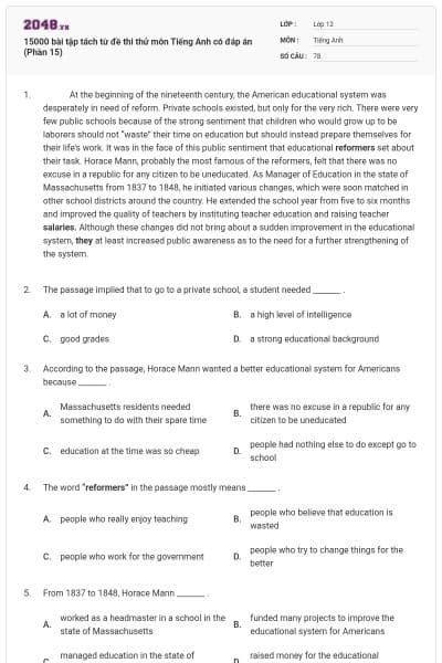15000 bài tập tách từ đề thi thử môn Tiếng Anh có đáp án (Phần 15)