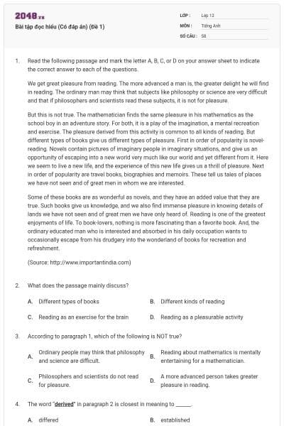 Bài tập đọc hiểu (Có đáp án) (Đề 1)