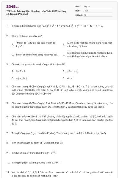 7881 câu Trắc nghiệm tổng hợp môn Toán 2023 cực hay có đáp án (Phần 65)