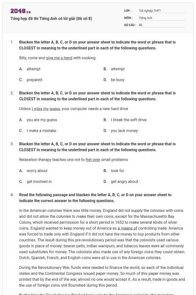 Tổng hợp đề thi Tiếng Anh có lời giải (Đề số 8)