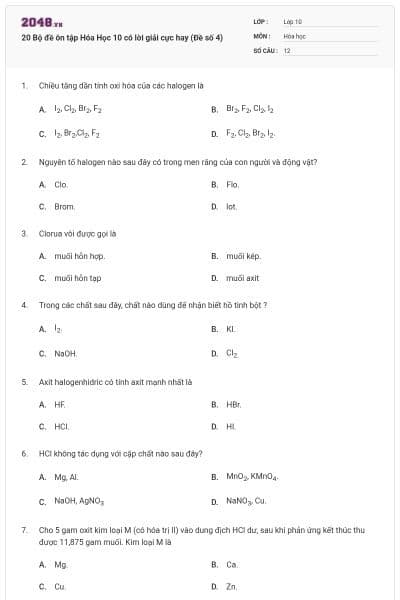20 Bộ đề ôn tập Hóa Học 10 có lời giải cực hay (Đề số 4)