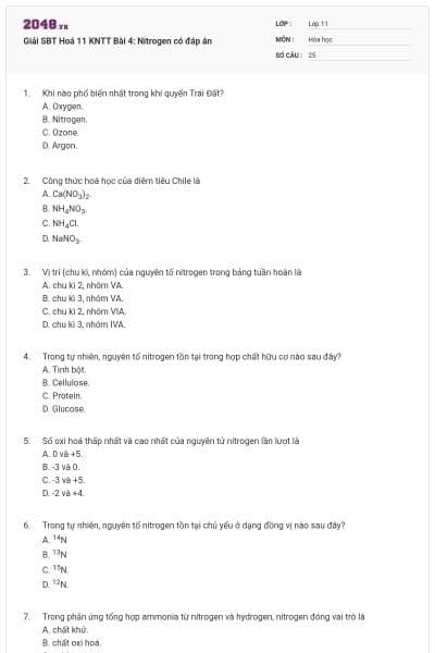 Giải SBT Hoá 11 KNTT Bài 4: Nitrogen có đáp án