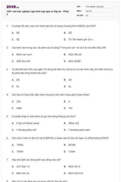 100+ câu trắc nghiệm Lập trình hợp ngữ có đáp án - Phần 2