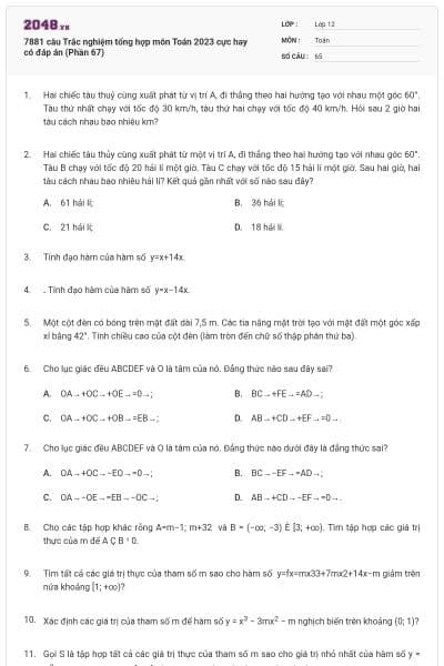 7881 câu Trắc nghiệm tổng hợp môn Toán 2023 cực hay có đáp án (Phần 67)
