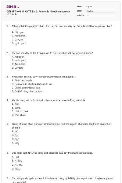 Giải SBT Hoá 11 KNTT Bài 5: Ammonia - Muối ammonium có đáp án