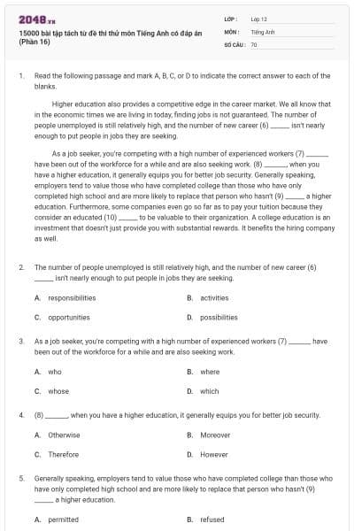15000 bài tập tách từ đề thi thử môn Tiếng Anh có đáp án (Phần 16)