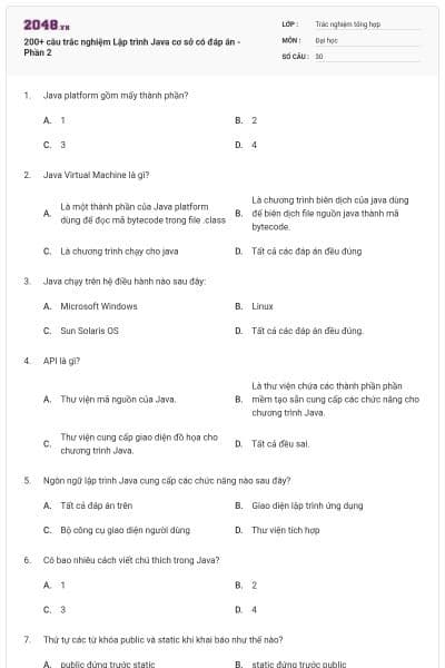 200+ câu trắc nghiệm Lập trình Java cơ sở có đáp án - Phần 2