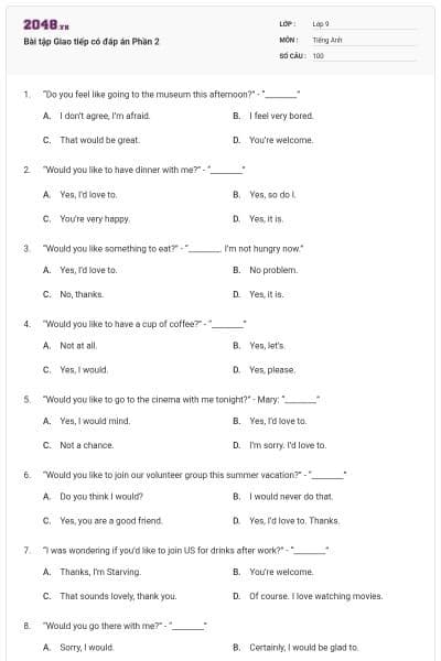 Bài tập Giao tiếp có đáp án Phần 2