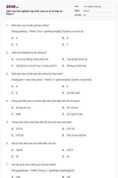 200+ câu trắc nghiệm Lập trình Java cơ sở có đáp án - Phần 4