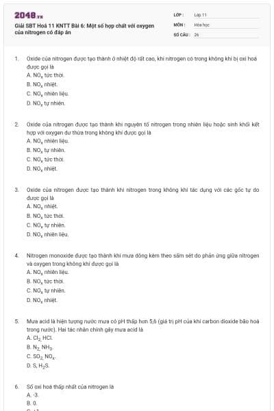 Giải SBT Hoá 11 KNTT Bài 6: Một số hợp chất với oxygen của nitrogen có đáp án
