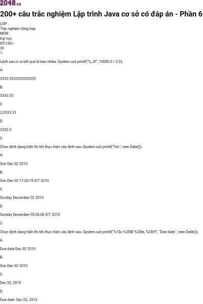 200+ câu trắc nghiệm Lập trình Java cơ sở có đáp án - Phần 6