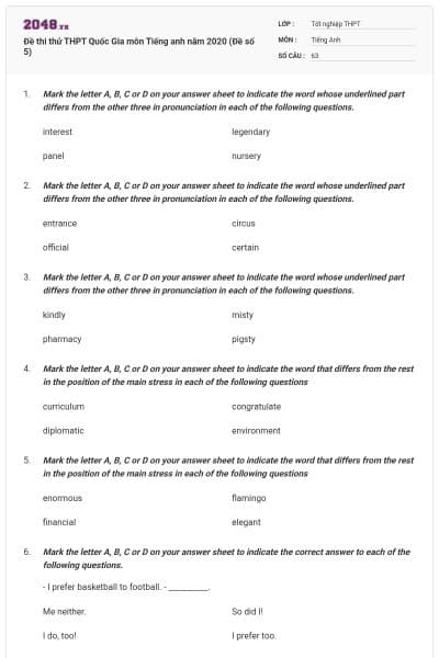 Đề thi thử THPT Quốc Gia môn Tiếng anh năm 2020 (Đề số 5)