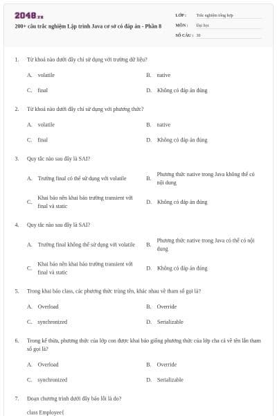 200+ câu trắc nghiệm Lập trình Java cơ sở có đáp án - Phần 8