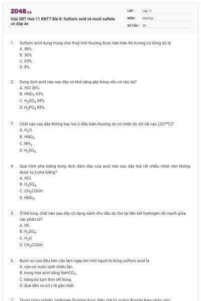 Giải SBT Hoá 11 KNTT Bài 8: Sulfuric acid và muối sulfate có đáp án