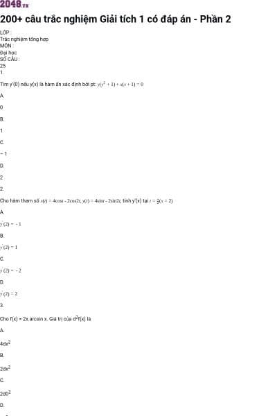 200+ câu trắc nghiệm Giải tích 1 có đáp án - Phần 2