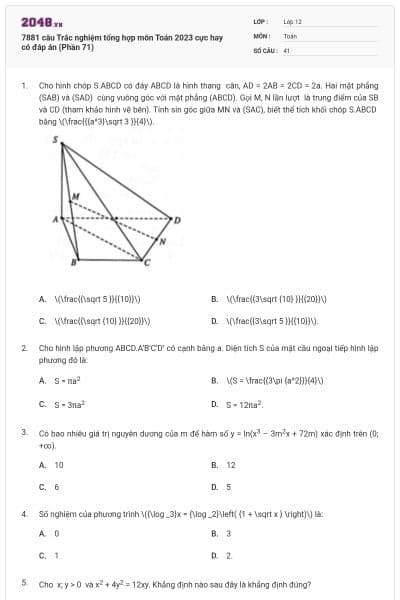 7881 câu Trắc nghiệm tổng hợp môn Toán 2023 cực hay có đáp án (Phần 71)
