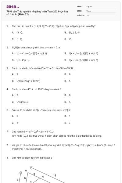 7881 câu Trắc nghiệm tổng hợp môn Toán 2023 cực hay có đáp án (Phần 72)