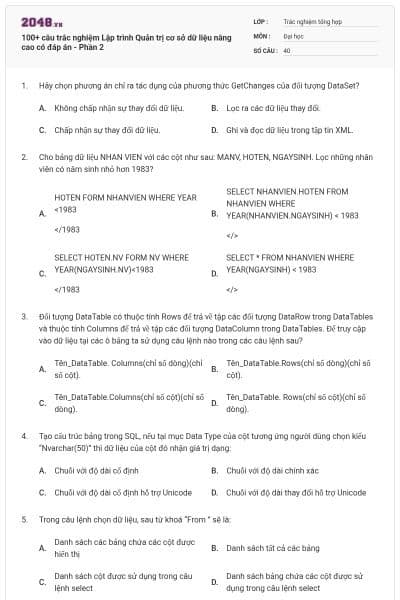100+ câu trắc nghiệm Lập trình Quản trị cơ sở dữ liệu nâng cao có đáp án - Phần 2