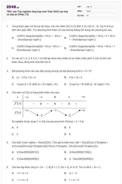 7881 câu Trắc nghiệm tổng hợp môn Toán 2023 cực hay có đáp án (Phần 73)