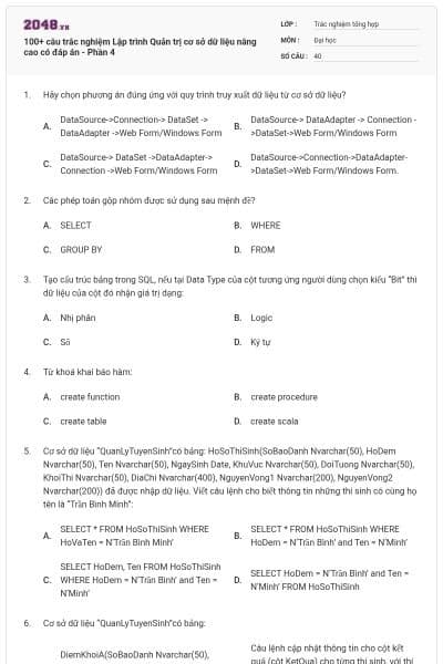 100+ câu trắc nghiệm Lập trình Quản trị cơ sở dữ liệu nâng cao có đáp án - Phần 4