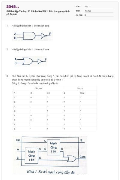 Giải bài tập Tin học 11 Cánh diều Bài 1:  Bên trong máy tính có đáp án
