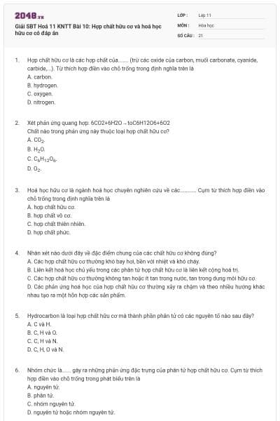 Giải SBT Hoá 11 KNTT Bài 10: Hợp chất hữu cơ và hoá học hữu cơ có đáp án