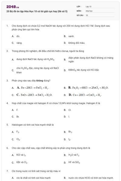 20 Bộ đề ôn tập Hóa Học 10 có lời giải cực hay (Đề số 5)