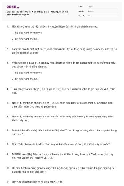 Giải bài tập Tin học 11 Cánh diều Bài 3. Khái quát về hệ điều hành có đáp án