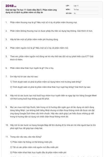Giải bài tập Tin học 11 Cánh diều Bài 5. Phần mềm ứng dụng và cá dịch vụ phần mềm có đáp án