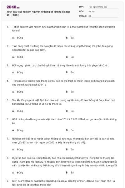 100+ câu trắc nghiệm Nguyên lý thống kê kinh tế có đáp án - Phần 1