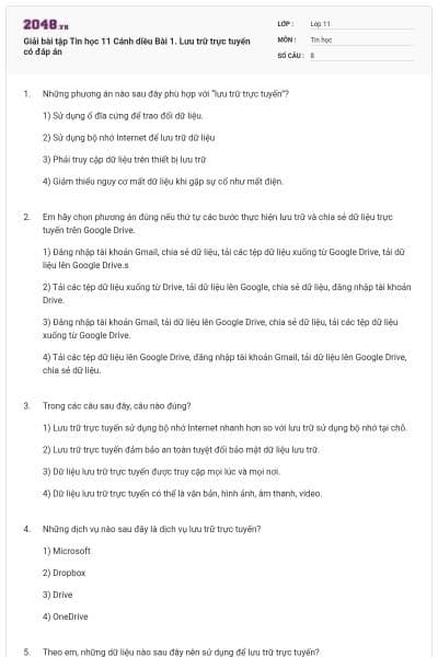Giải bài tập Tin học 11 Cánh diều Bài 1. Lưu trữ trực tuyến có đáp án