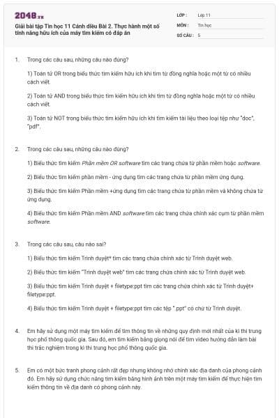 Giải bài tập Tin học 11 Cánh diều Bài 2. Thực hành một số tính năng hữu ích của máy tìm kiếm có đáp án