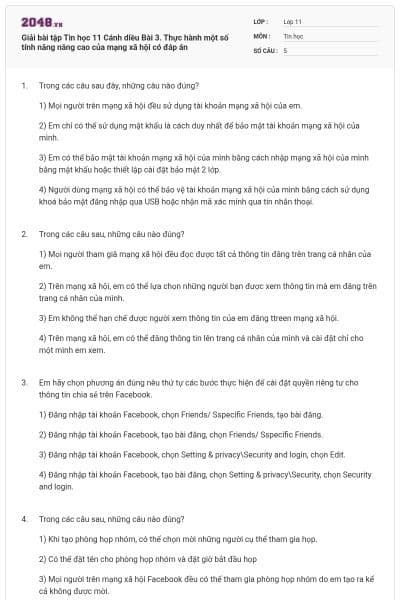 Giải bài tập Tin học 11 Cánh diều Bài 3. Thực hành một số tính năng nâng cao của mạng xã hội có đáp án