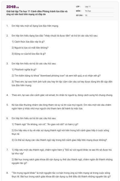 Giải bài tập Tin học 11 Cánh diều Phòng tránh lừa đảo và ứng xử văn hoá trên mạng có đáp án