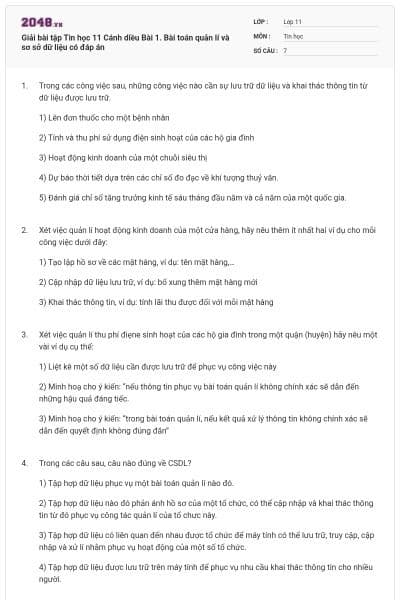 Giải bài tập Tin học 11 Cánh diều Bài 1. Bài toán quản lí và sơ sở dữ liệu có đáp án