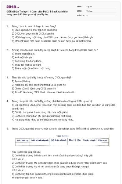 Giải bài tập Tin học 11 Cánh diều Bài 2. Bảng khoá chính trong cơ sở dữ liệu quan hệ có đáp án