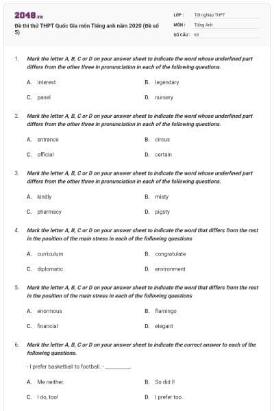 Đề thi thử THPT Quốc Gia môn Tiếng anh năm 2020 (Đề số 5)