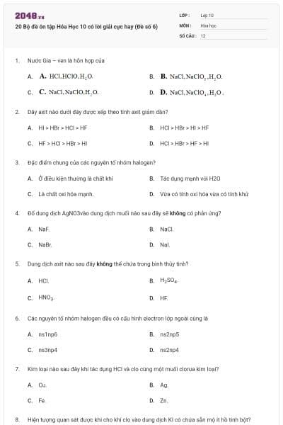 20 Bộ đề ôn tập Hóa Học 10 có lời giải cực hay (Đề số 6)