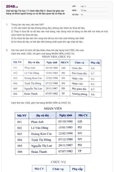 Giải bài tập Tin học 11 Cánh diều Bài 3. Quan hệ giữa các bảng và khoá ngoài trong cơ sở dữ liệu quan hệ có đáp án