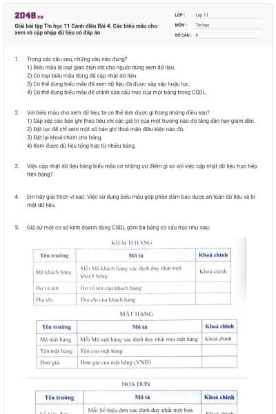 Giải bài tập Tin học 11 Cánh diều Bài 4. Các biểu mẫu cho xem và cập nhập dữ liệu có đáp án