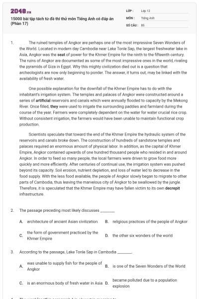 15000 bài tập tách từ đề thi thử môn Tiếng Anh có đáp án (Phần 17)