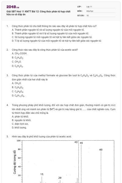Giải SBT Hoá 11 KNTT Bài 12: Công thức phân tử hợp chất hữu cơ có đáp án