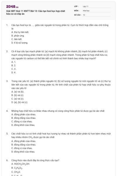 Giải SBT Hoá 11 KNTT Bài 13: Cấu tạo hoá học hợp chất hữu cơ có đáp án