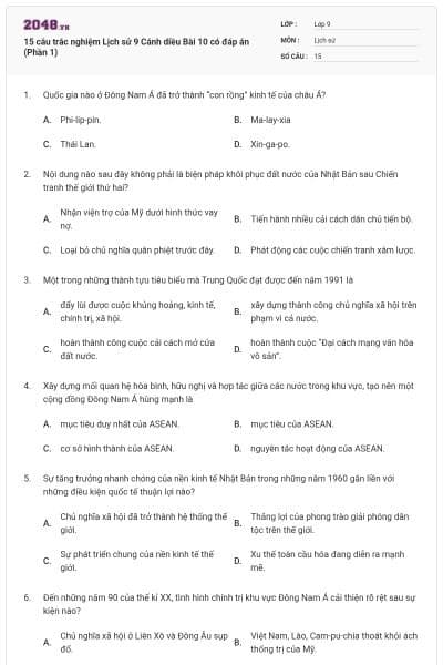 15 câu trắc nghiệm Lịch sử 9 Cánh diều Bài 10 có đáp án (Phần 1)