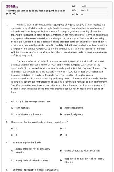 15000 bài tập tách từ đề thi thử môn Tiếng Anh có đáp án (Phần 18)