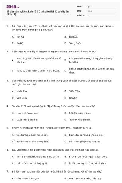 15 câu trắc nghiệm Lịch sử 9 Cánh diều Bài 10 có đáp án (Phần 2)