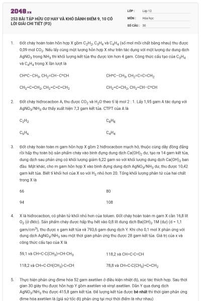 253 BÀI TẬP HỮU CƠ HAY VÀ KHÓ DÀNH ĐIỂM 9, 10 CÓ LỜI GIẢI CHI TIẾT (P3)