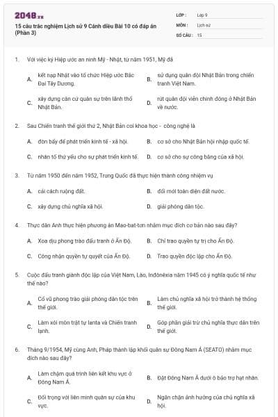 15 câu trắc nghiệm Lịch sử 9 Cánh diều Bài 10 có đáp án (Phần 3)