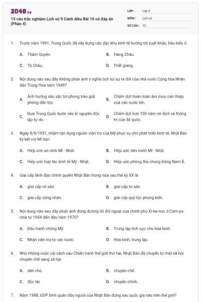 15 câu trắc nghiệm Lịch sử 9 Cánh diều Bài 10 có đáp án (Phần 4)