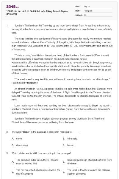 15000 bài tập tách từ đề thi thử môn Tiếng Anh có đáp án (Phần 23)
